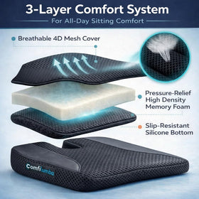 ComfiLumba installed in car seat demonstrating secure fit and enhanced driving posture
