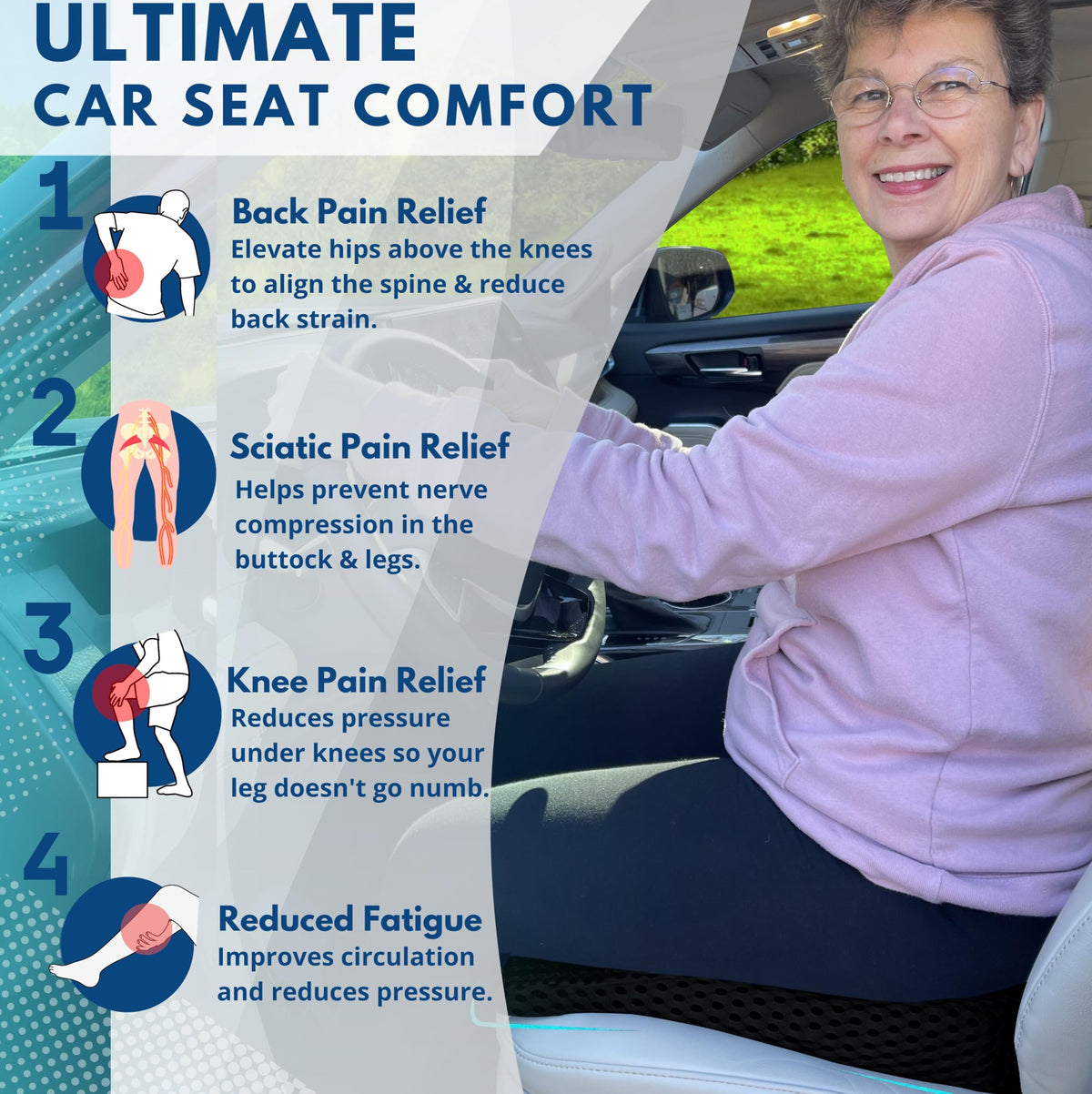ComfiLumba lifestyle shot of driver using cushion for long-drive comfort