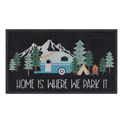 comfoyar front view of camping-themed doormat showing welcome design and curb appeal