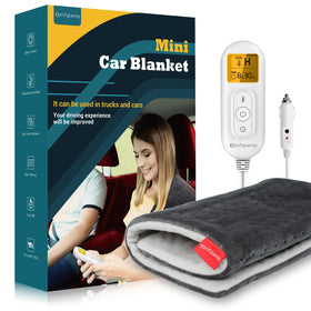 Comfytemp front view of folded 12x24 heated car blanket showing compact storage benefit