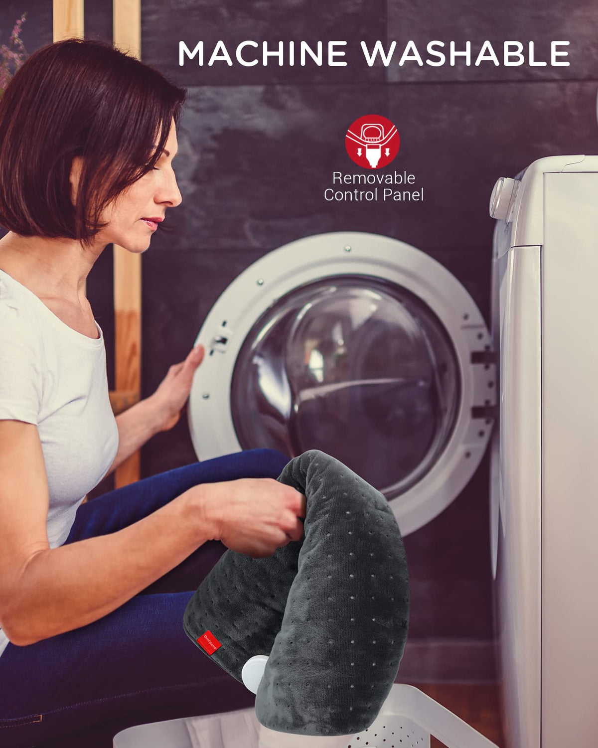 Comfytemp detached controller beside blanket demonstrating machine-washable convenience