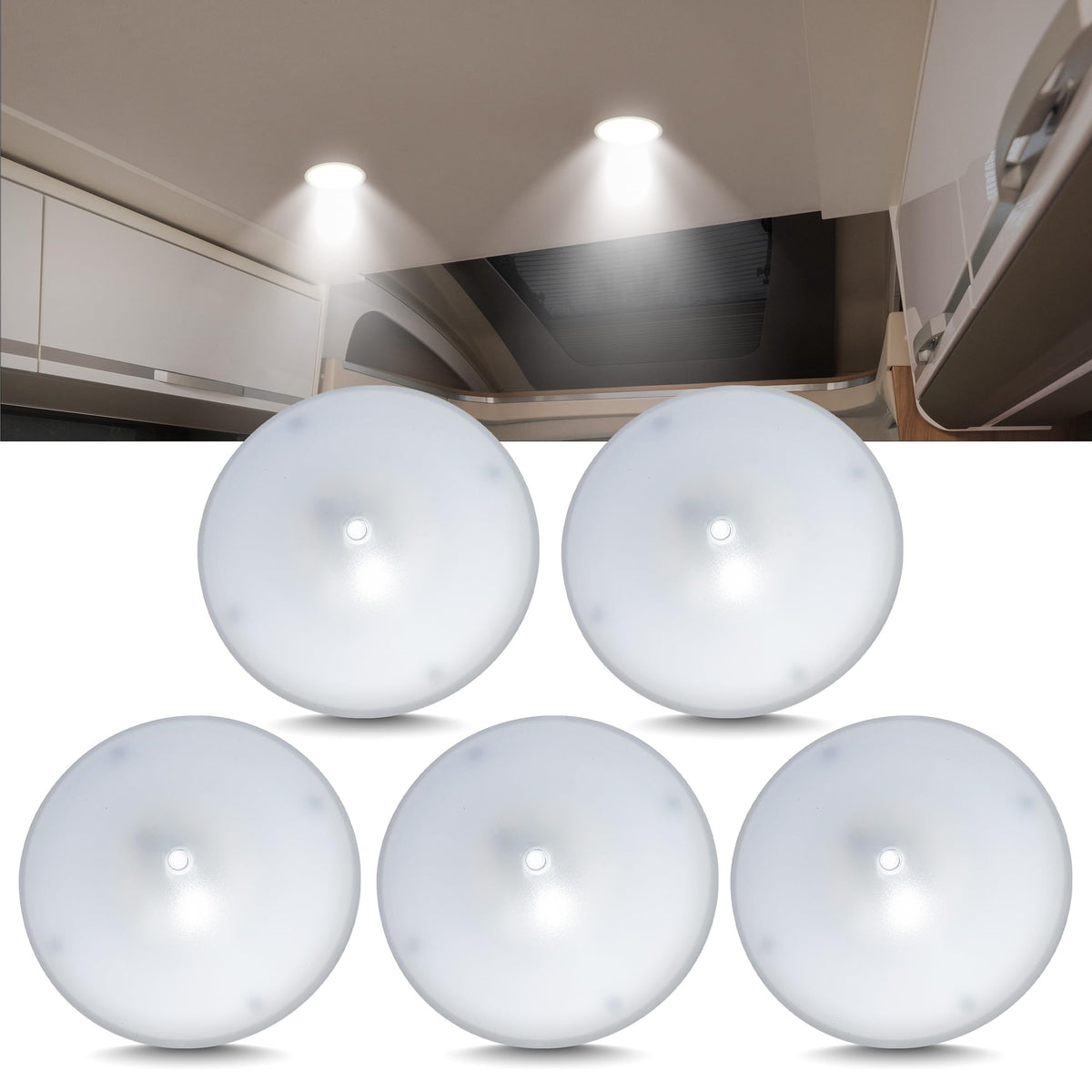 Command Electronics front view of ceiling light showing clean white housing and quick install benefit