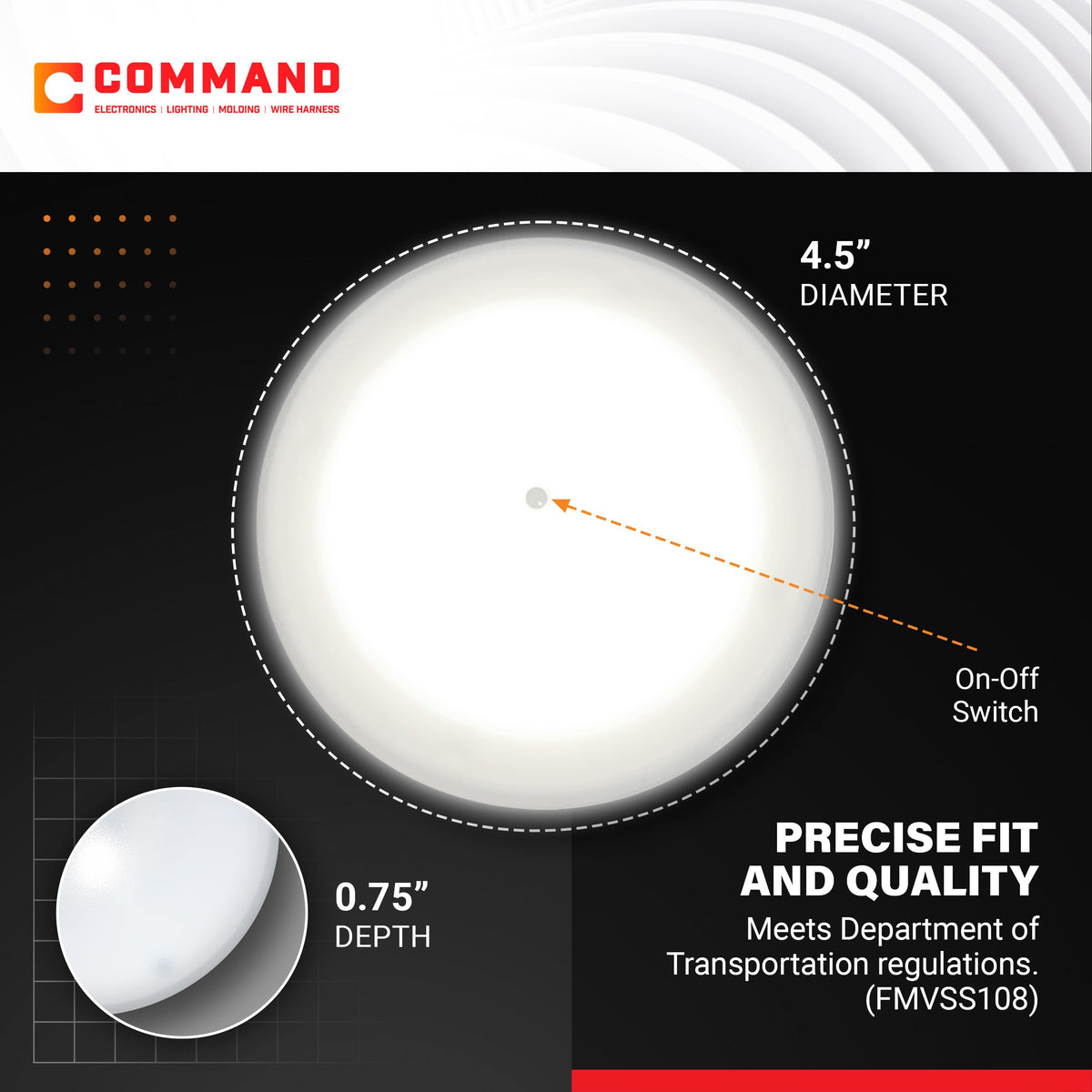 Command Electronics textured polycarbonate lens close-up showing impact resistance benefit