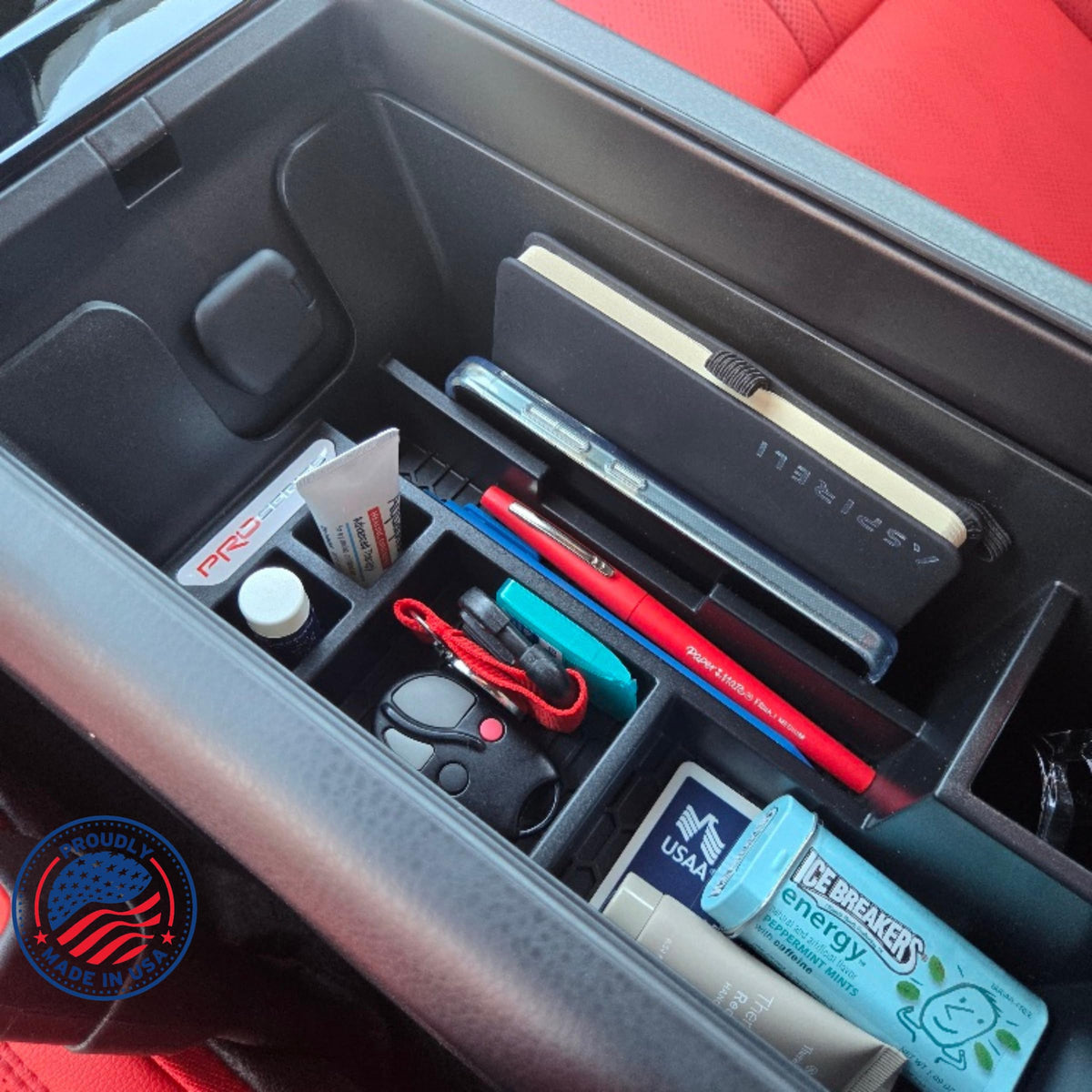 Complete Appearance full center console with tray installed for neat, rattle-free storage