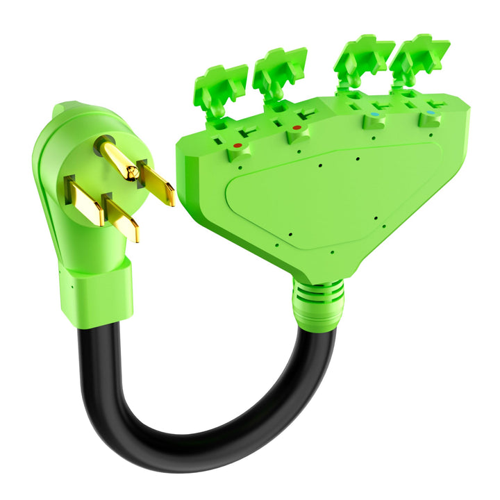 Conable front view showing 14-50P plug and four household outlets for versatile power