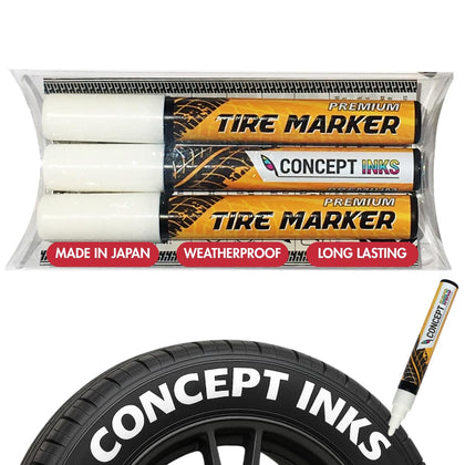 ConceptInks front packaging showing three white tire marker pens and benefit of ready use