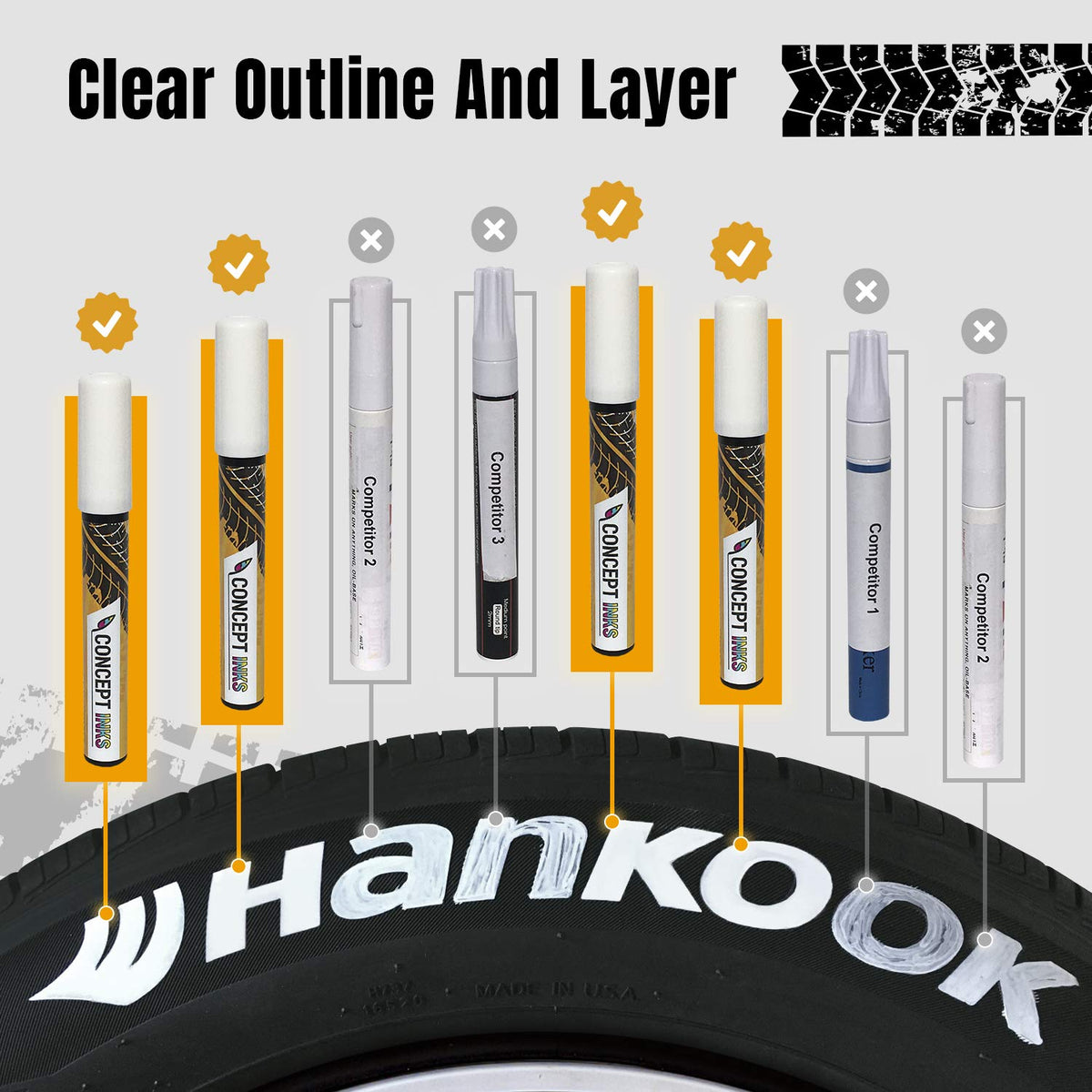 ConceptInks paint stroke on tire sidewall showing opaque white contrast benefit