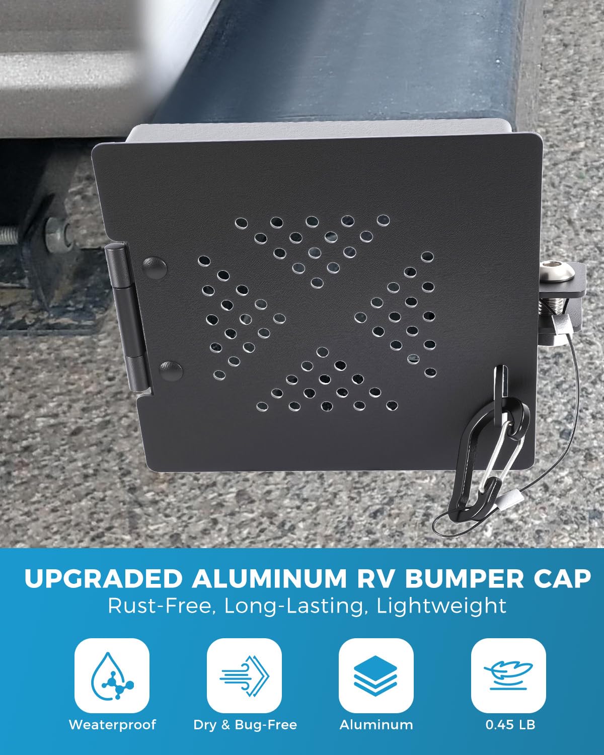 CONMWO installed on RV bumper in use protecting stored sewer hose