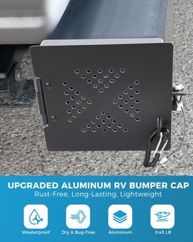 CONMWO installed on RV bumper in use protecting stored sewer hose