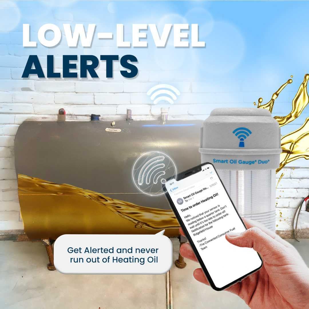 Connected Consumer Fuel gauge next to ruler showing scale and easy installation benefit