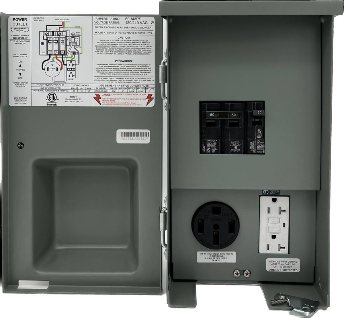 Connecticut Electric front panel showing 50-amp and 20-amp outlets for secure outdoor power