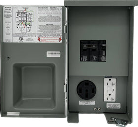 Connecticut Electric front panel showing 50-amp and 20-amp outlets for secure outdoor power