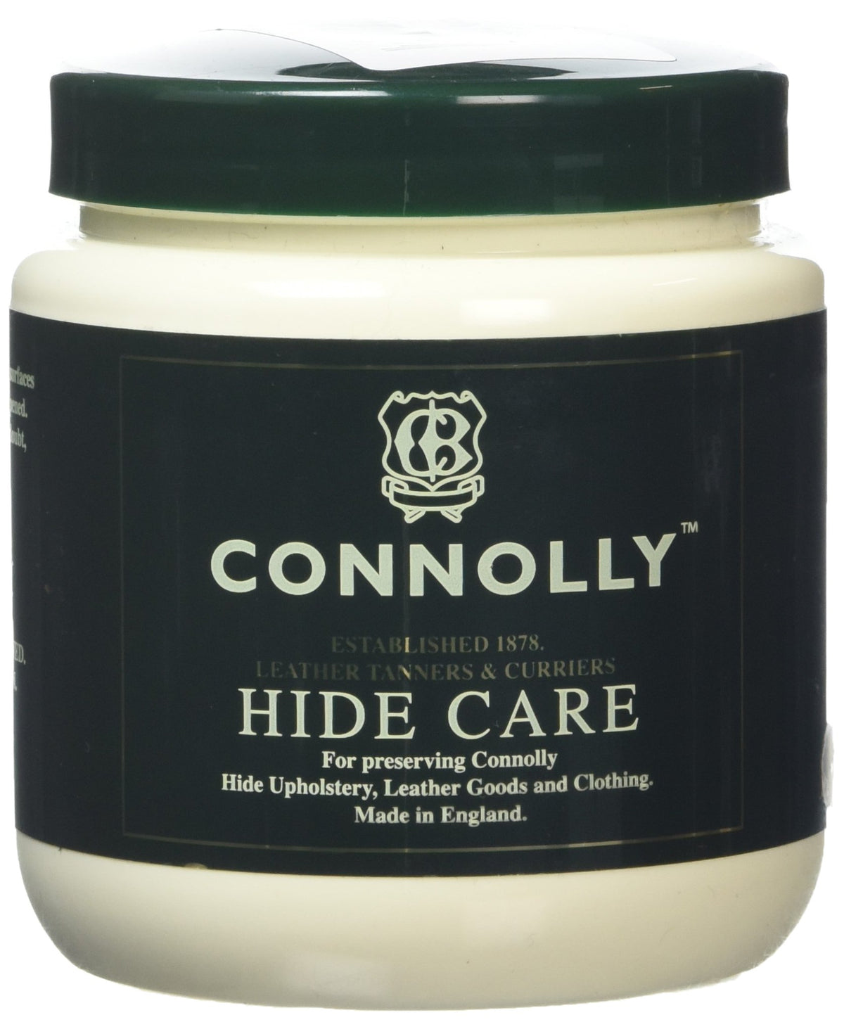 Connolly bottle front packaging showing label for trusted leather care benefits
