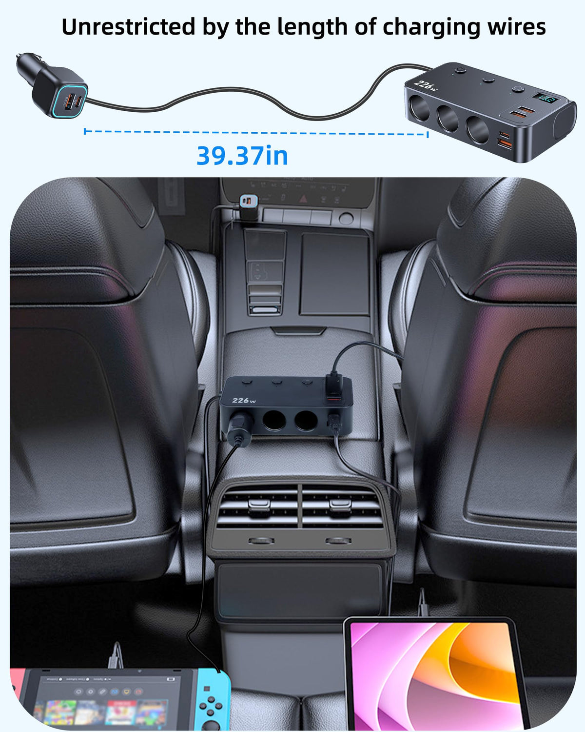 CONPEX in-car setup with multiple devices charging showing family road-trip convenience