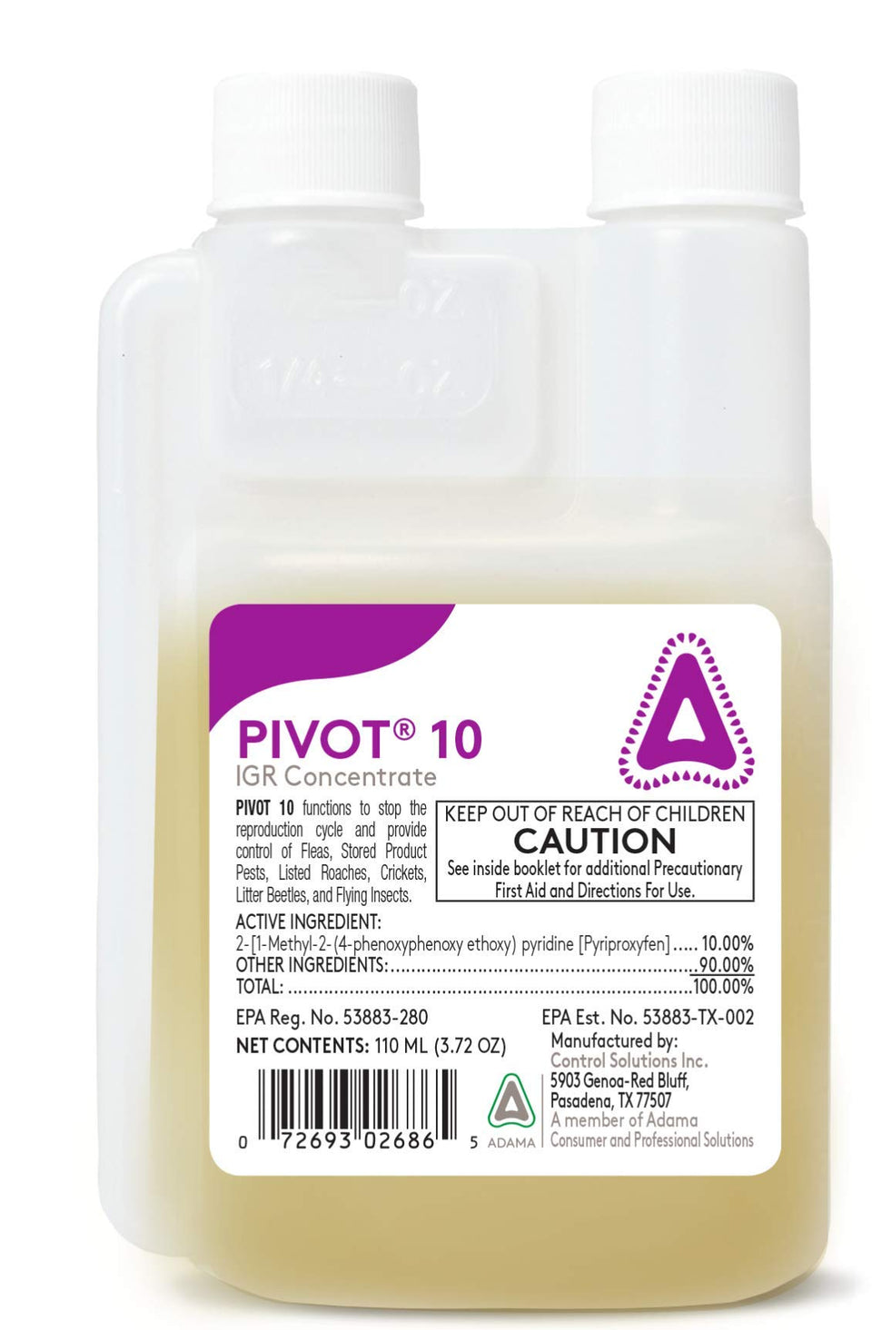 Control Solutions Pivot 10 front packaging showing bottle and label, clear product ID benefit