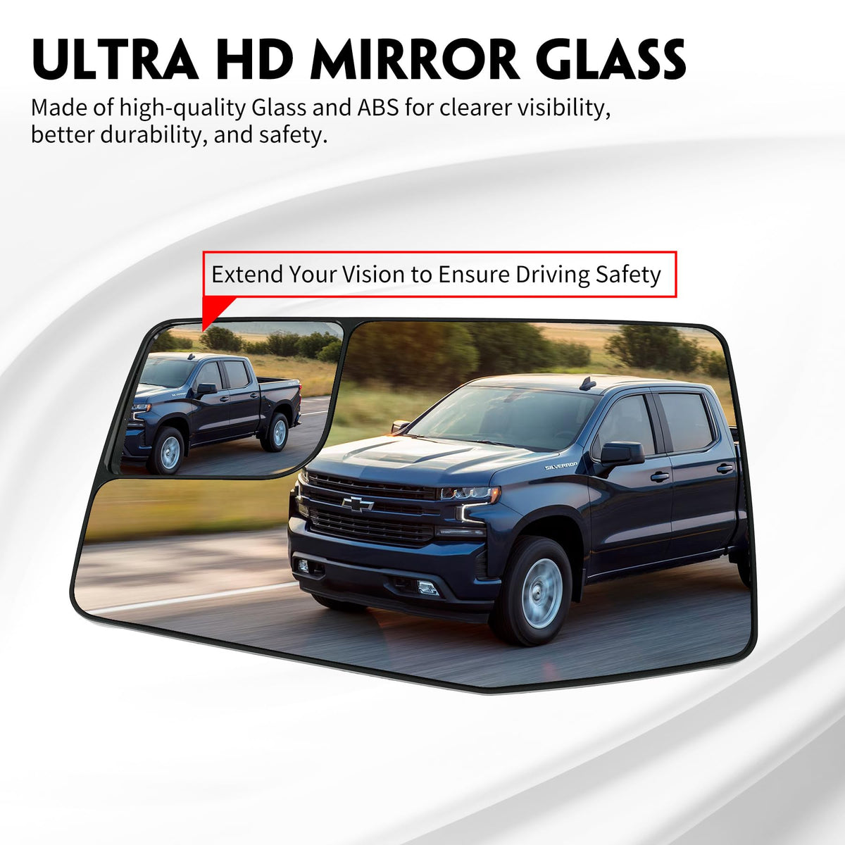 Convitex mirror installed on Silverado driver door illustrating OEM fit benefit