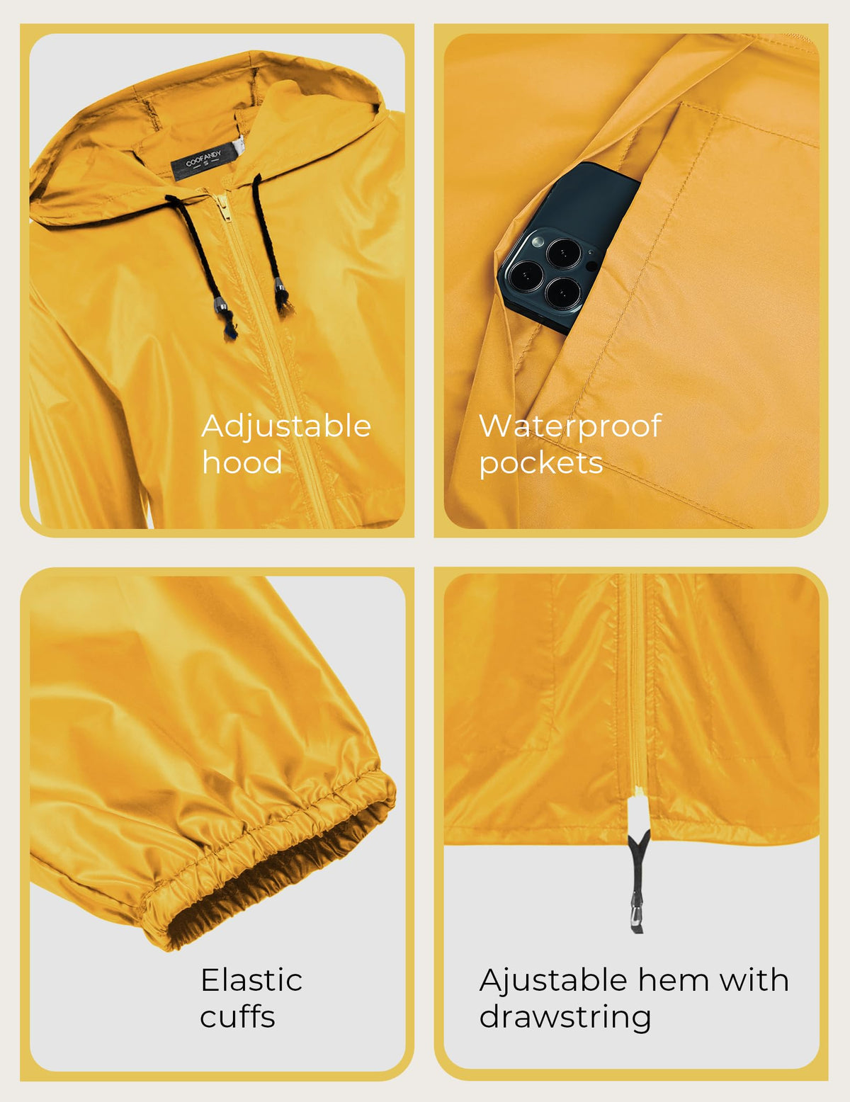 COOFANDY size scale on model showing relaxed fit and layering compatibility