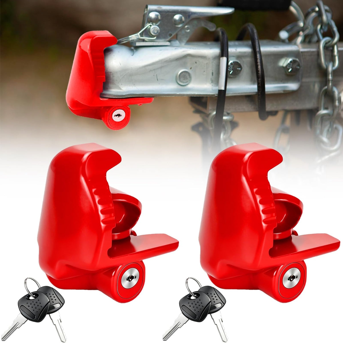 COOHAME front view of two red hitch locks showing fit and visibility