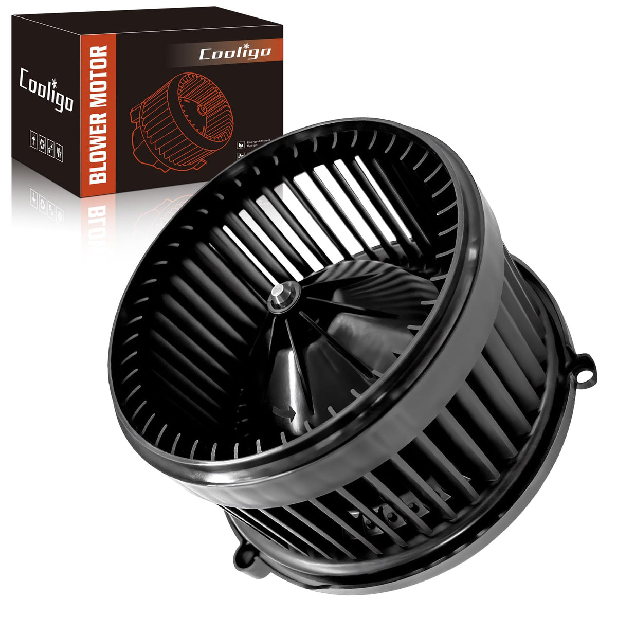 COOLIGO blower motor front view showing robust construction and reliable airflow