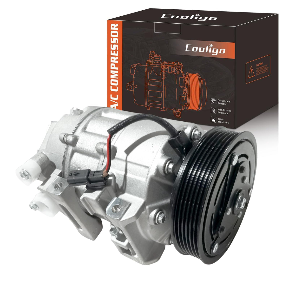 COOLIGO front view of compressor showing compact direct-fit design and easy replacement benefit