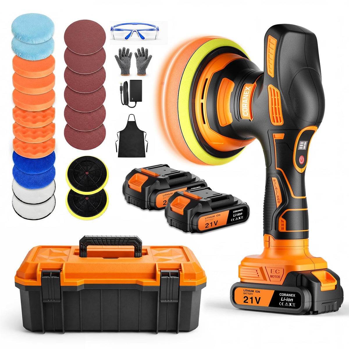 coranex front view of cordless buffer polisher showing form and controls, improved handling