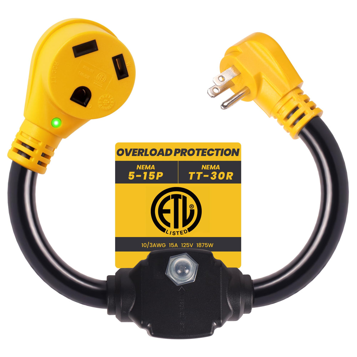 CORDMITPRO adapter front view showing plug and RV inlet for safer hookups
