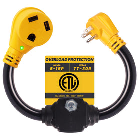 CORDMITPRO adapter front view showing plug and RV inlet for safer hookups