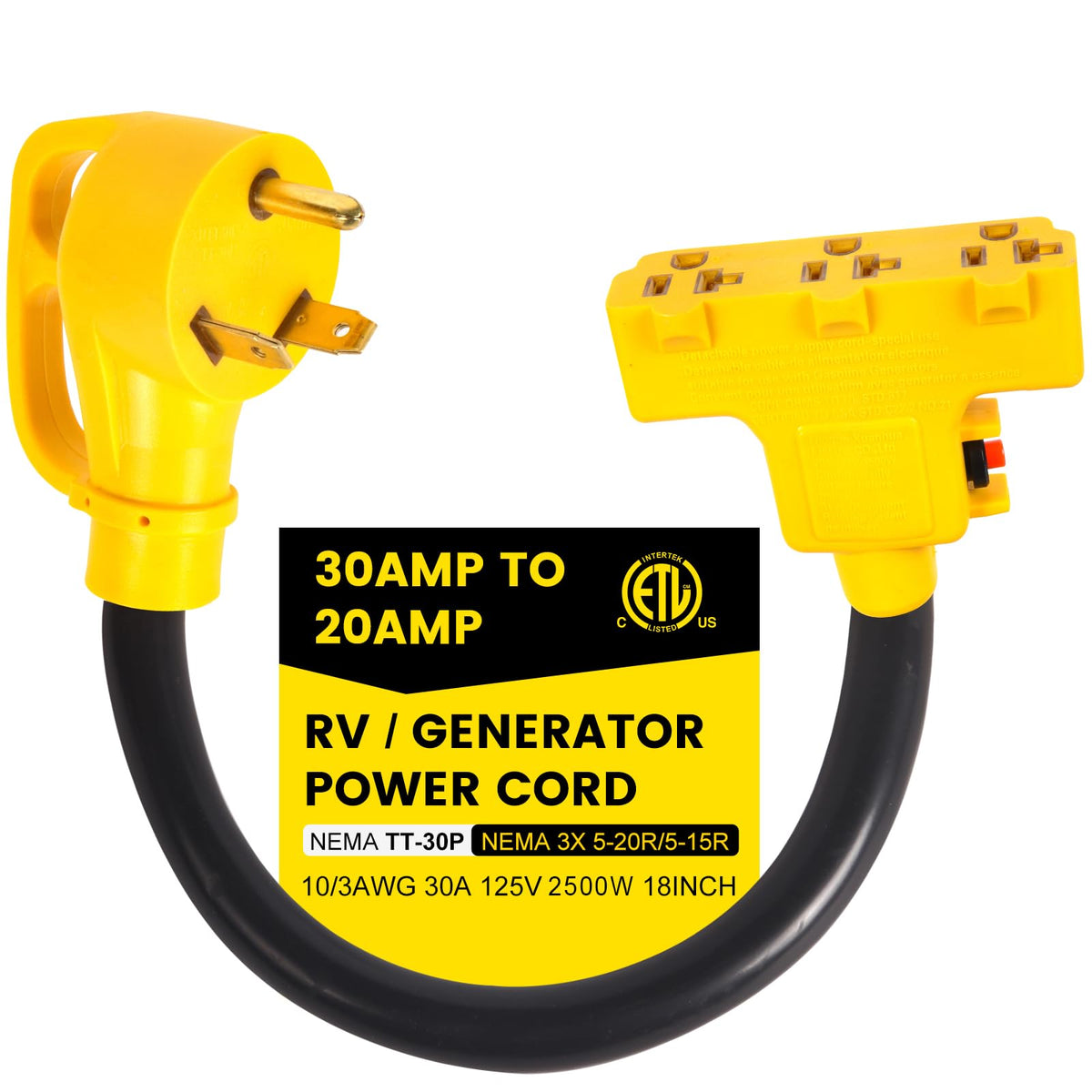CORDMITPRO front view showing 30A TT-30P plug and triple outlets for versatile power