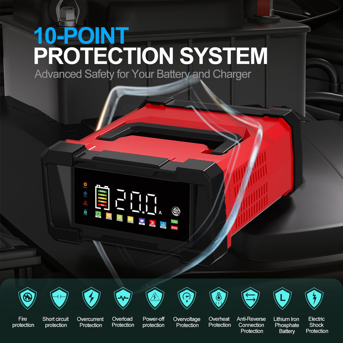 COREBOX connected to a car battery demonstrating fast charging and easy setup
