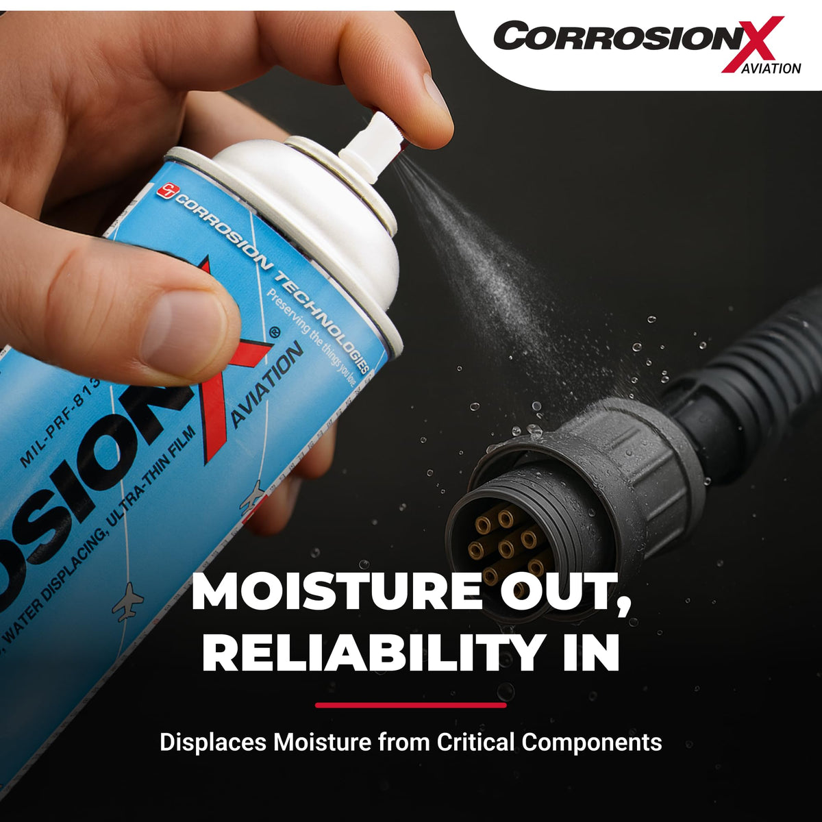 Technician applying CorrosionX Aviation to avionics connector to restore reliable contacts