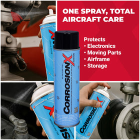 Mechanic using CorrosionX Aviation in hangar to protect aircraft systems and components