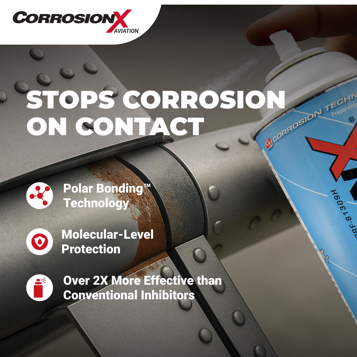 CorrosionX Aviation spray wetting a seam, displacing moisture for corrosion prevention
