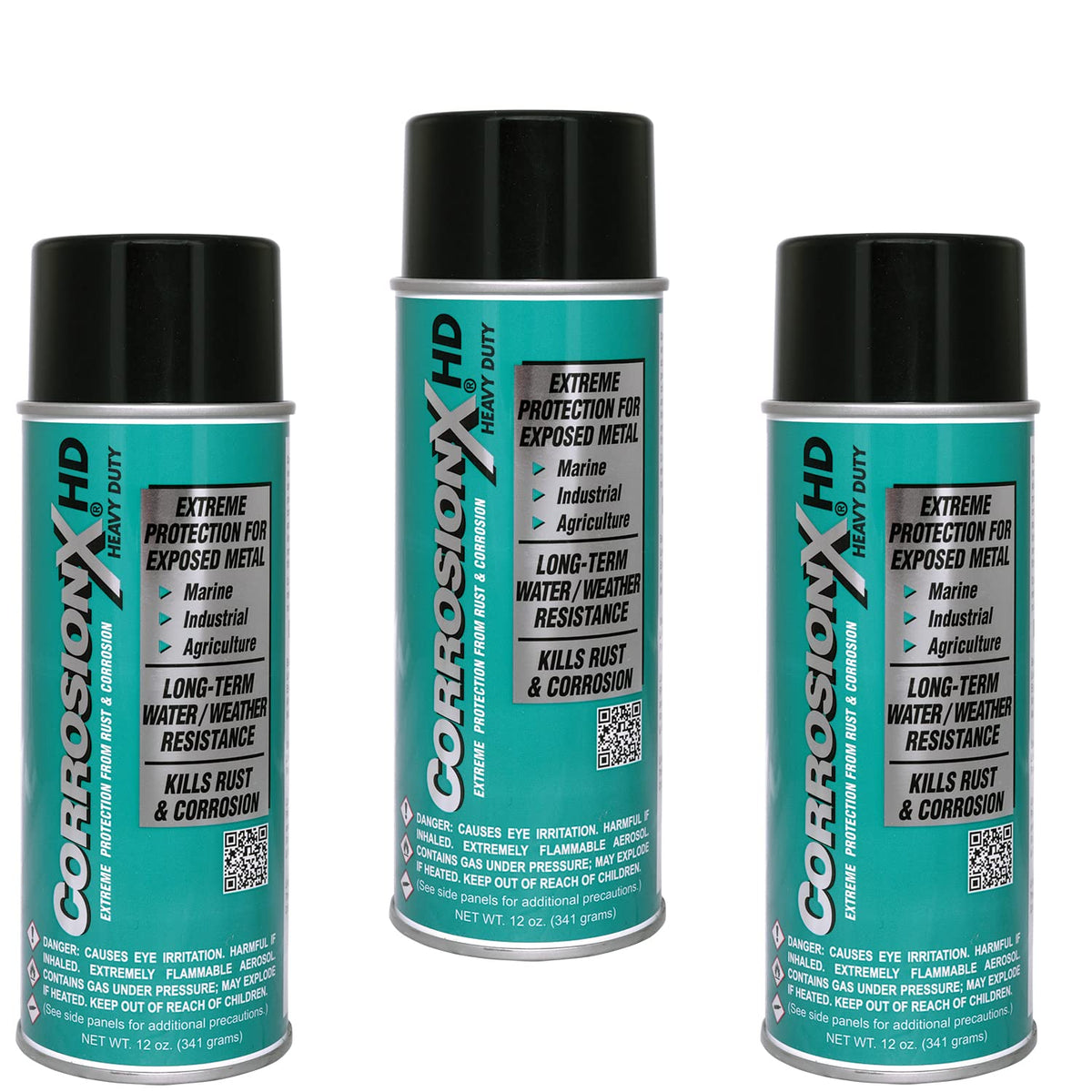 CorrosionX front packaging showing 3-pack cans and durable labeling for quick identification