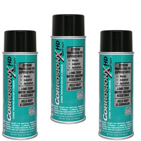 CorrosionX front packaging showing 3-pack cans and durable labeling for quick identification