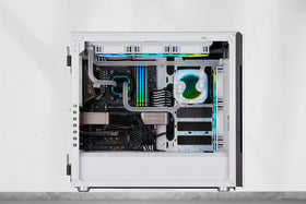 Corsair XL8 clear coolant pouring close-up highlights spill-safe nozzle and clean fill