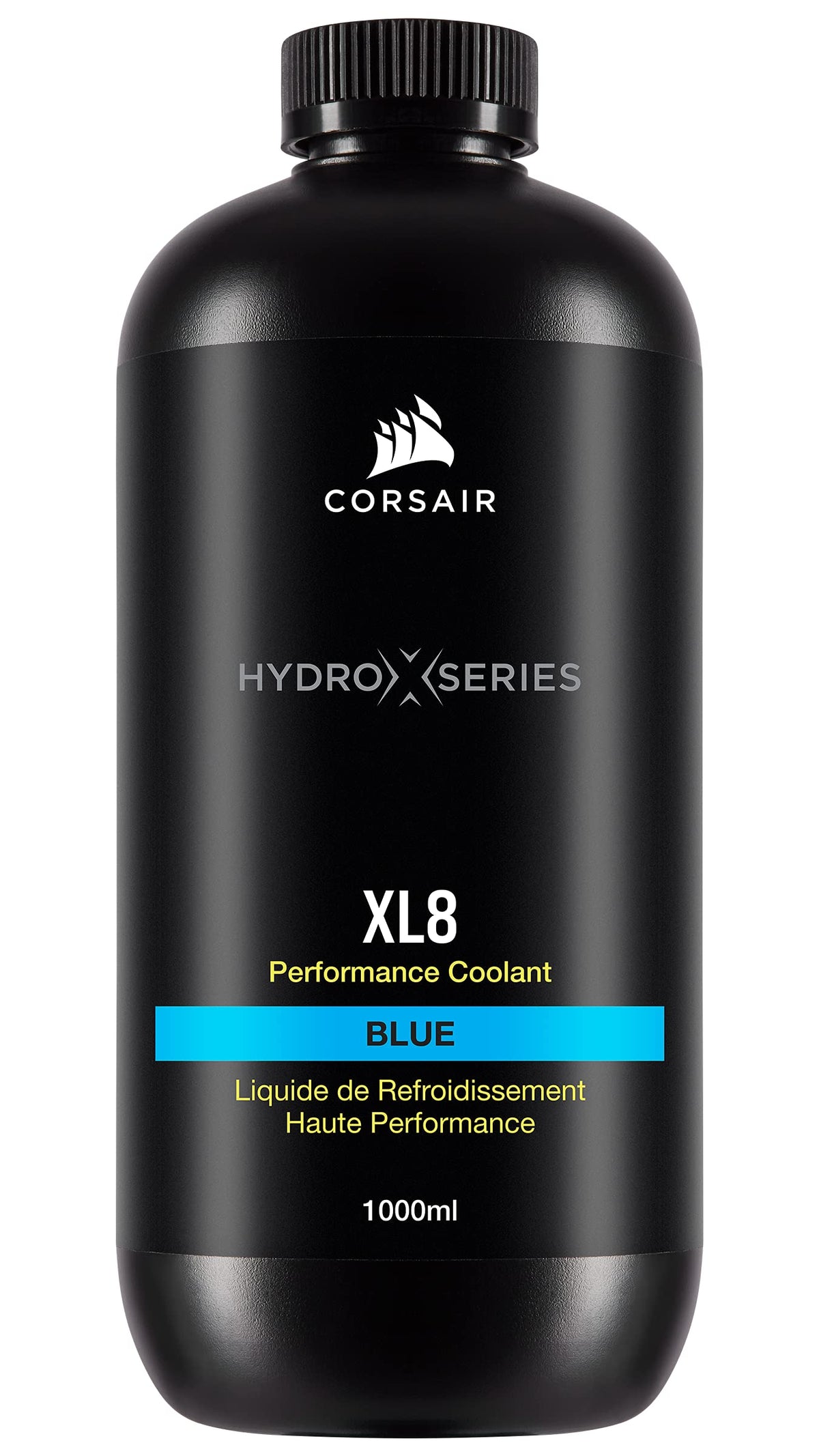 Corsair XL8 translucent blue 1L bottle front view showing clear label and color benefit
