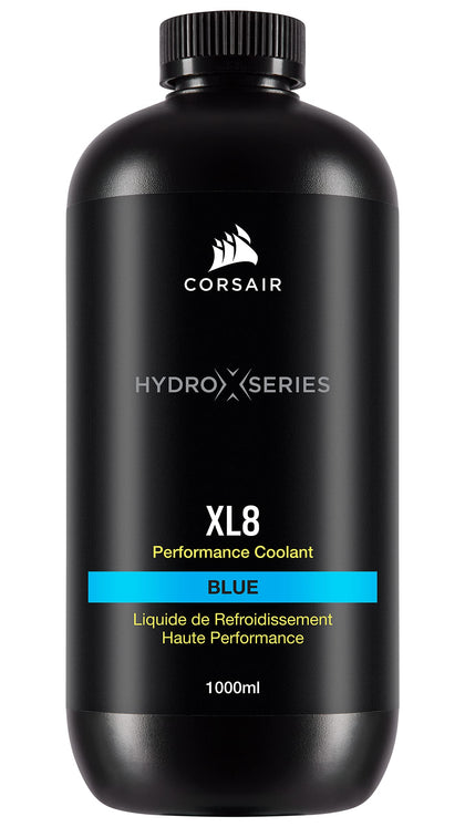 Corsair XL8 translucent blue 1L bottle front view showing clear label and color benefit