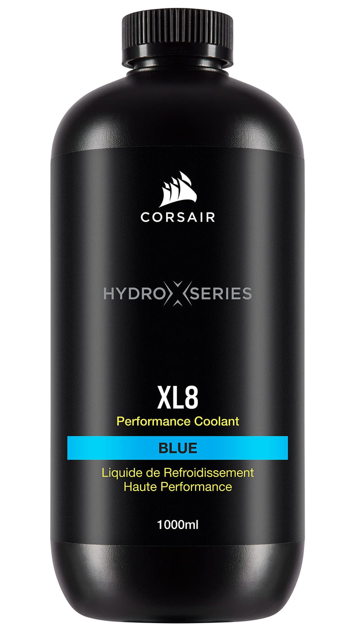 Corsair XL8 translucent blue 1L bottle front view showing clear label and color benefit