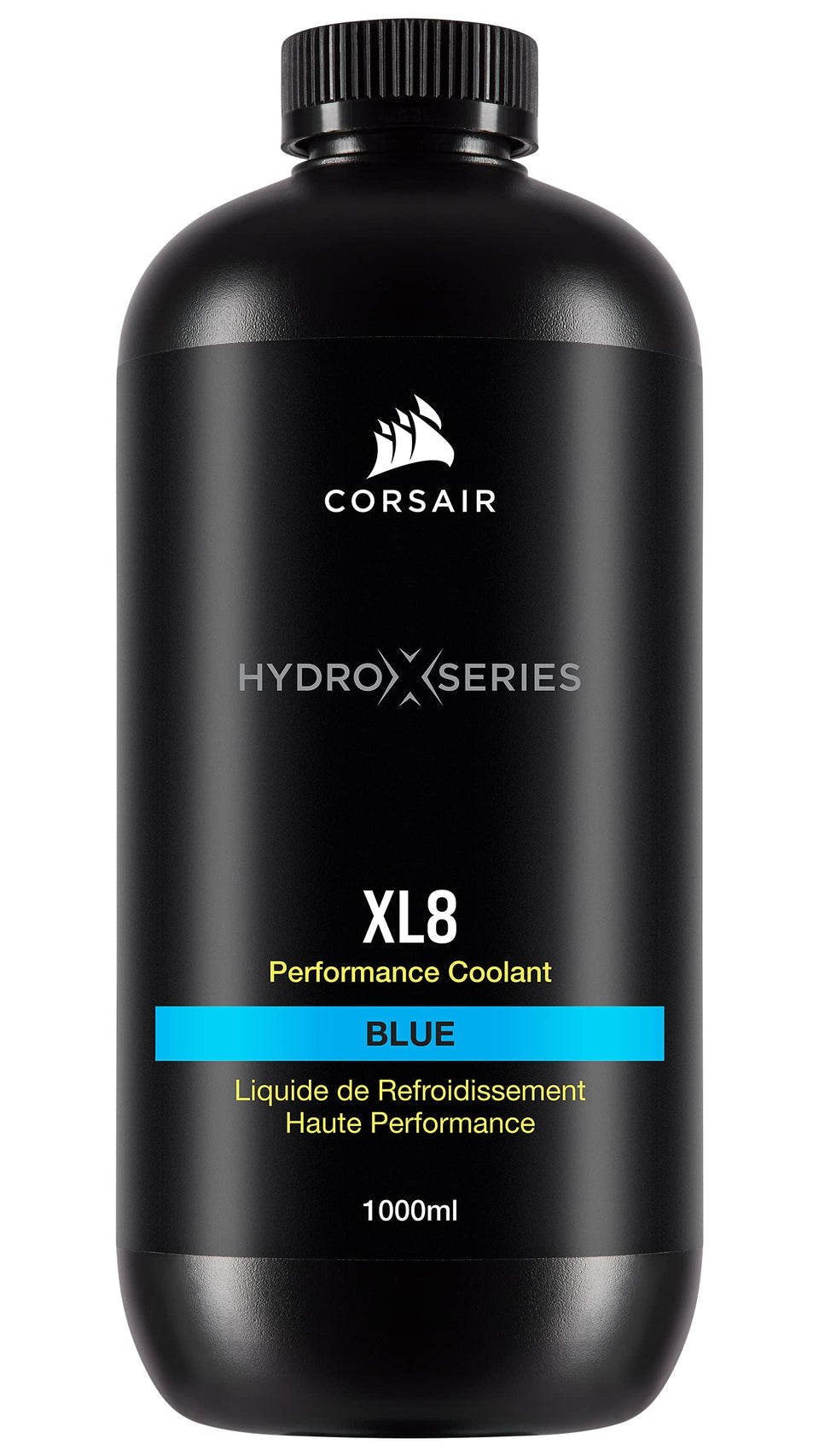 Corsair XL8 translucent blue 1L bottle front view showing clear label and color benefit
