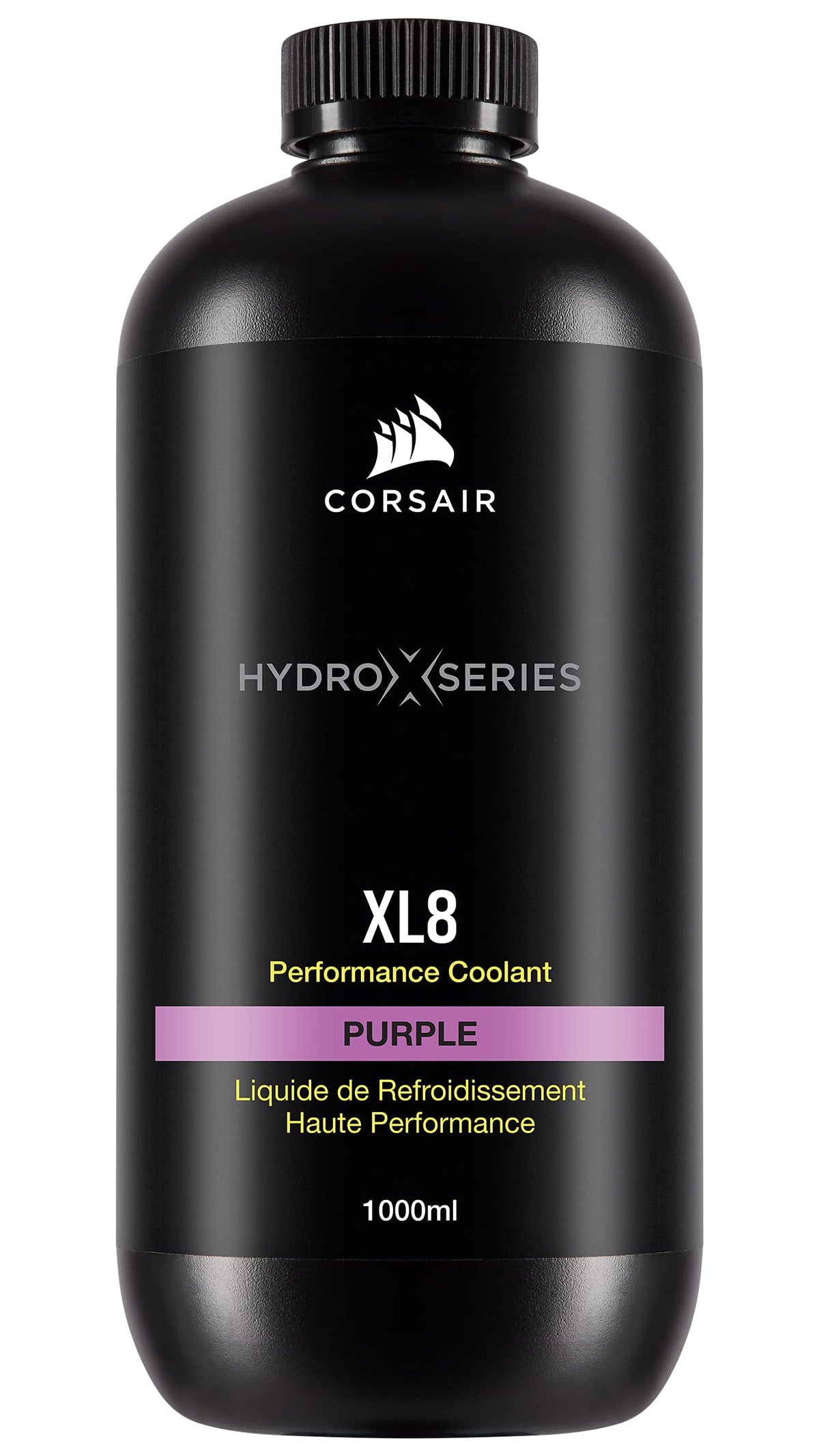 Corsair XL8 translucent purple bottle front label showing clear brand and color benefit