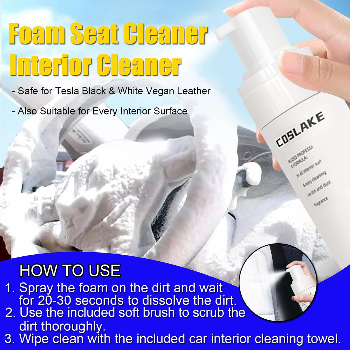 COSLAKE foam interior cleaner close-up on bottle showing gentle seat-safe formula