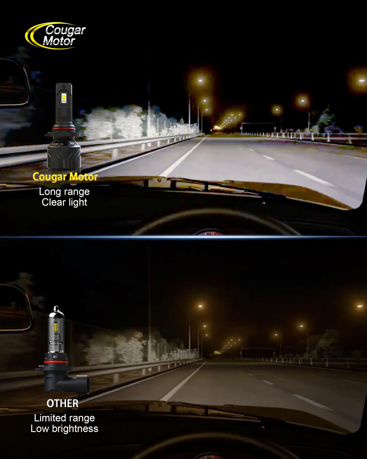 Cougar Motor beam pattern demo showing focused cutoff and reduced glare for safer driving