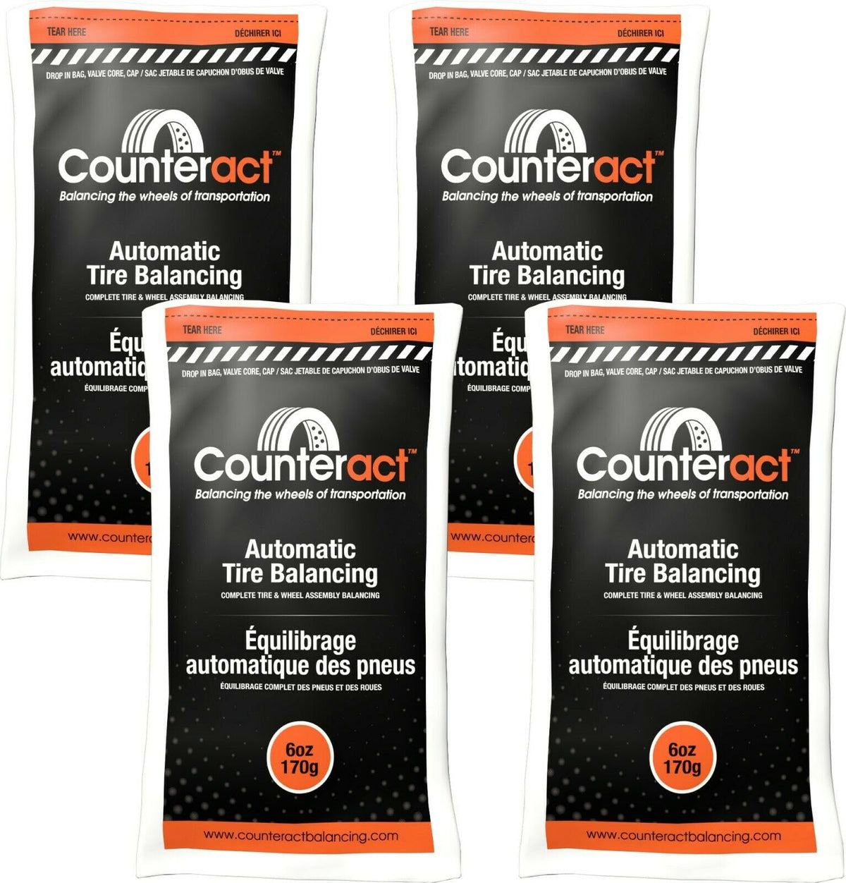 Counteract front packaging showing four 6oz balance bead bags and accessories, easy install benefit