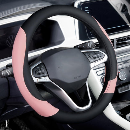 Coverado front view of black and pink steering wheel cover showing style and fit benefit