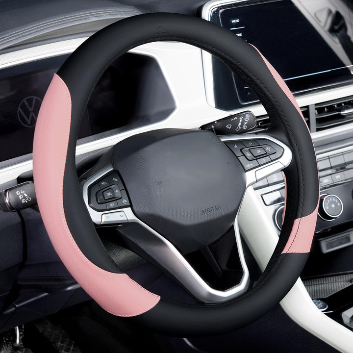 Coverado front view of black and pink steering wheel cover showing style and fit benefit