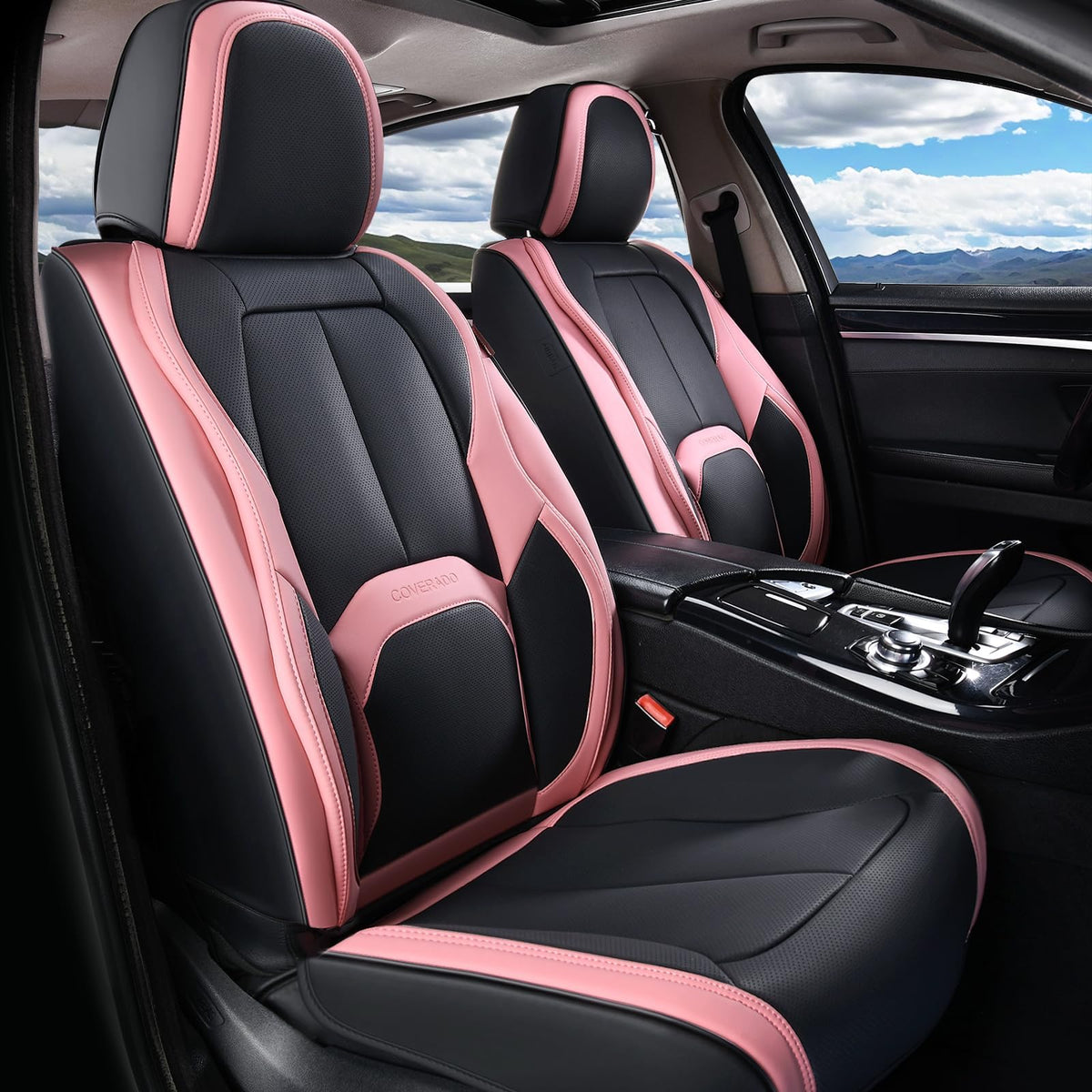 Coverado front seat covers packaging showing included two-piece set and manual