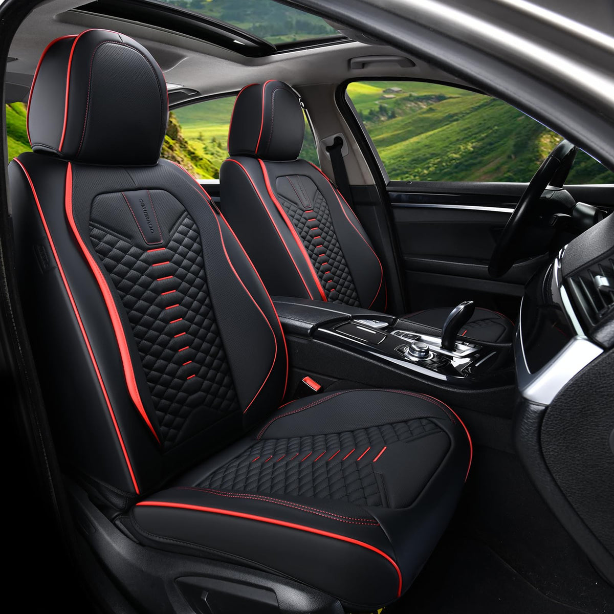 Coverado front seat full view showing sleek black and red upgrade and improved comfort