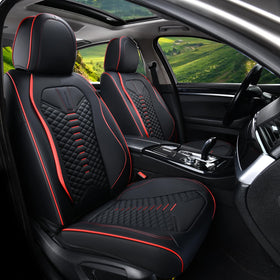Coverado front seat full view showing sleek black and red upgrade and improved comfort