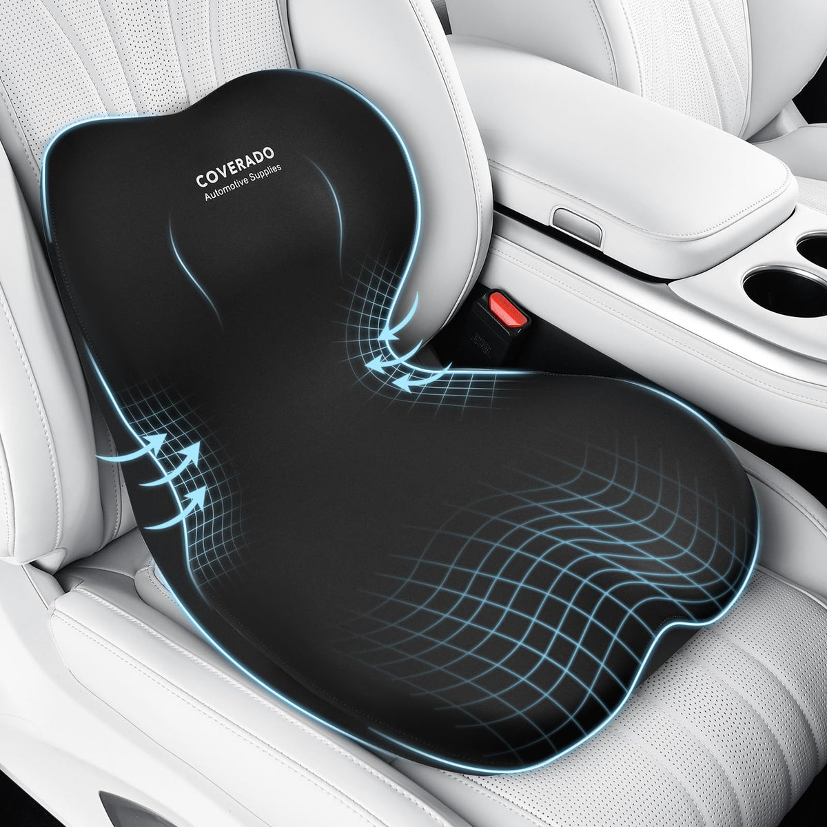 Coverado front view of one-piece cushion showing full seat and lumbar support for comfort