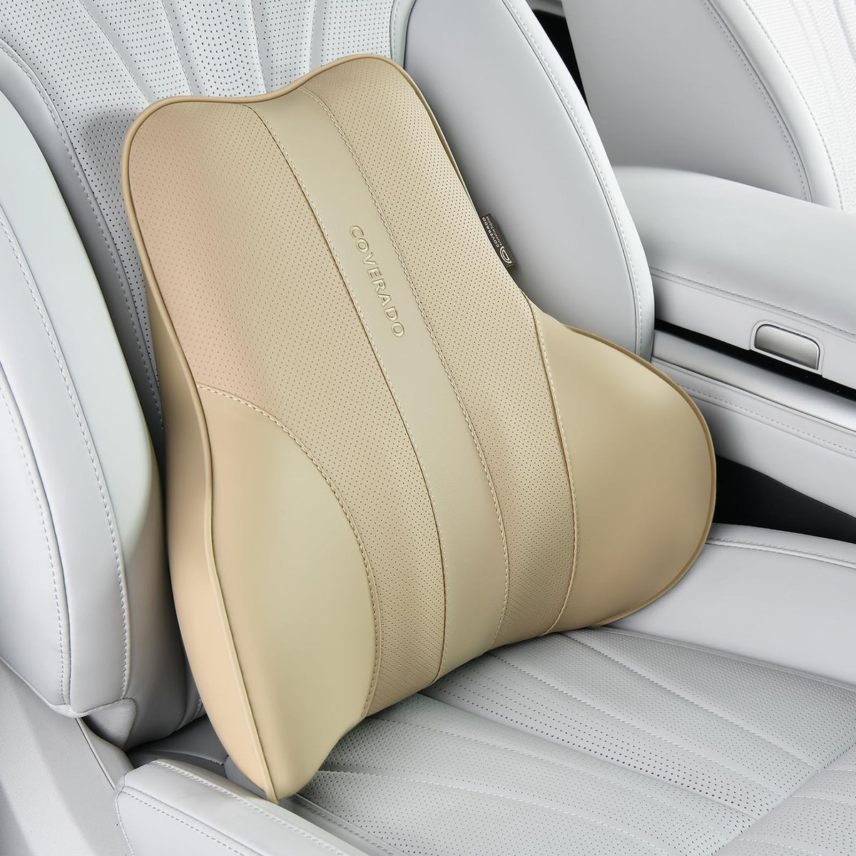 Coverado front view lumbar pillow showing shape and beige finish for consistent support